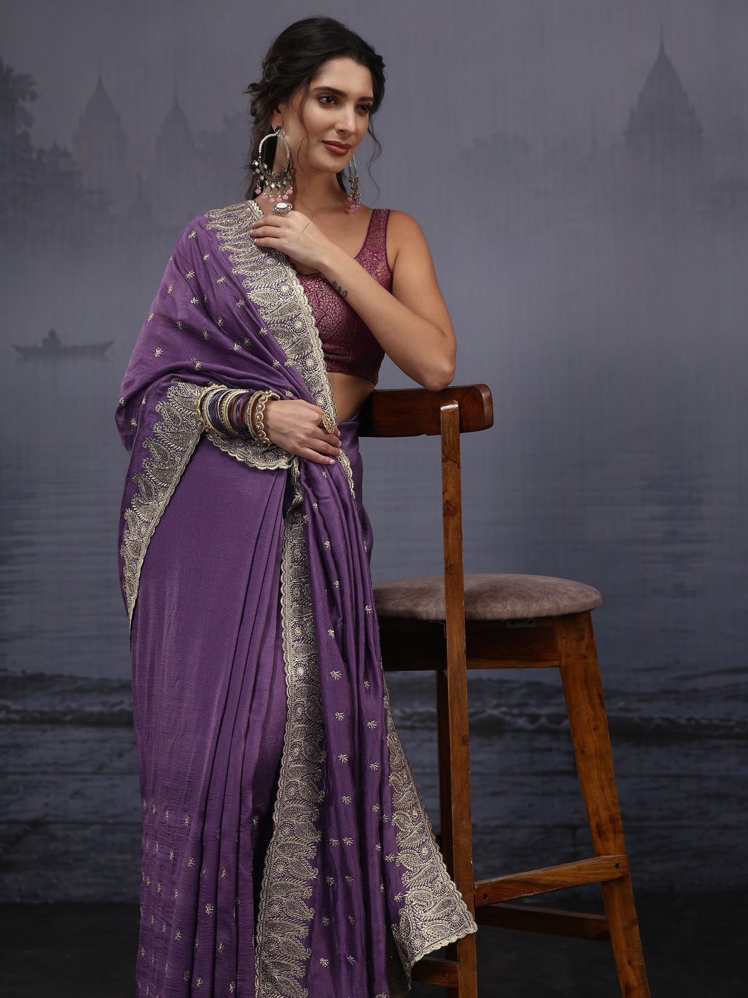 Libas Lavender Embroidered Silk Blend Saree with Paisley Border