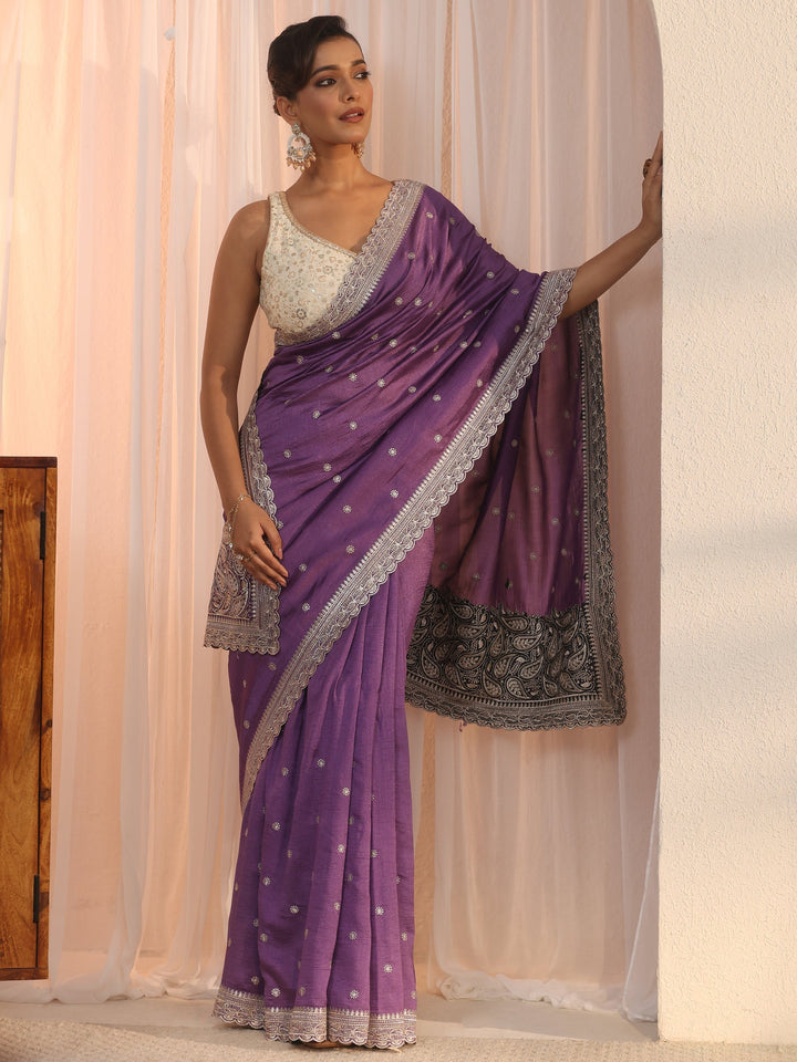 Libas Lavender Embroidered Silk Blend Saree with Paisley Pallu