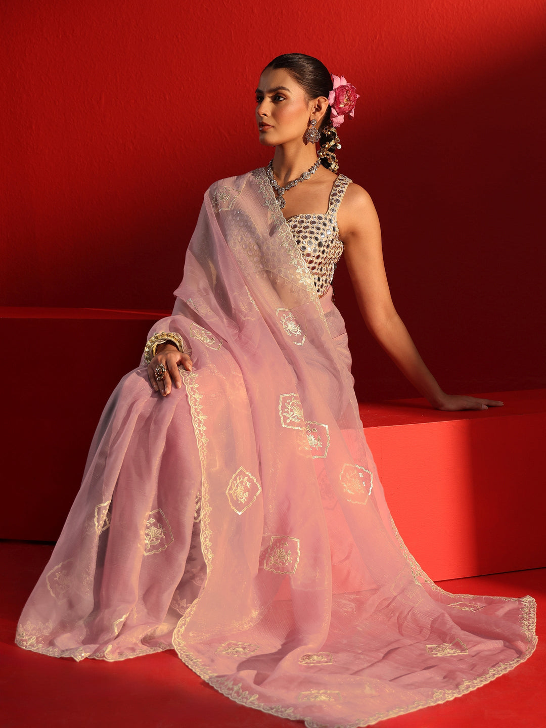Libas Lavender Embroidered Tissue Saree