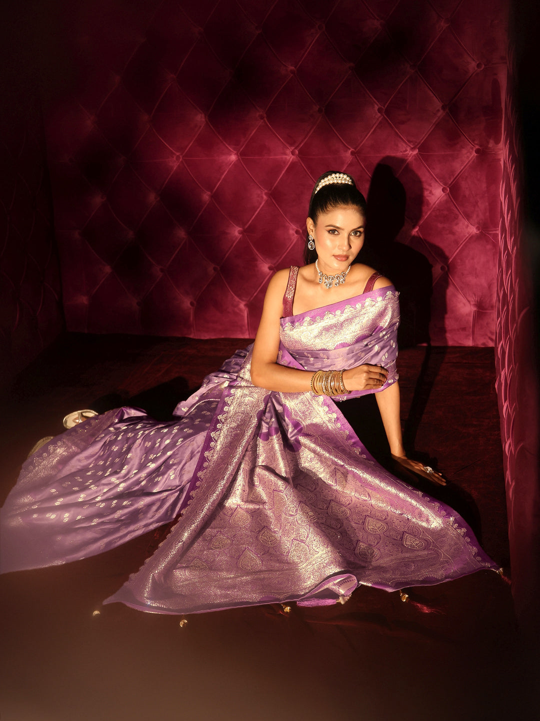 Libas Lavender Ethnic Woven Design Satin Tassel Saree