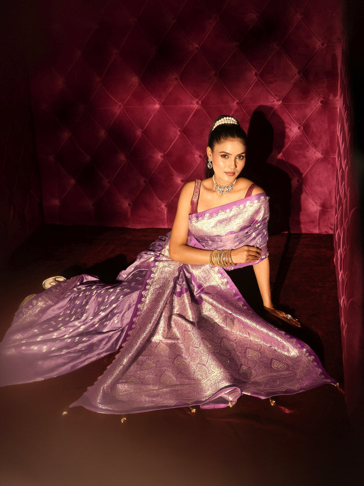 Libas Lavender Ethnic Woven Design Satin Tassel Saree
