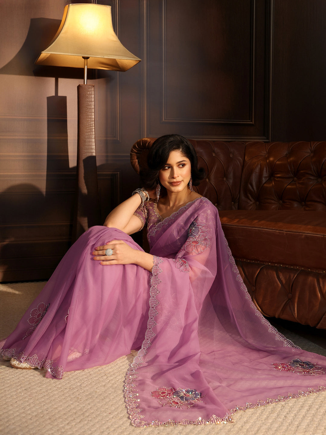 Libas Lavender Floral Embellished Chiffon Saree