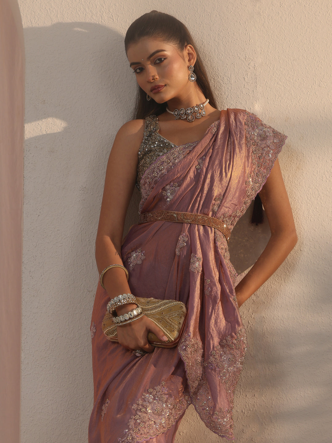 Libas Lavender Floral Embellished Tissue Saree