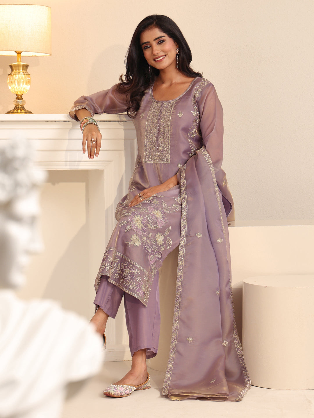 Libas Lavender Floral Embellished Tissue Straight Suit Set
