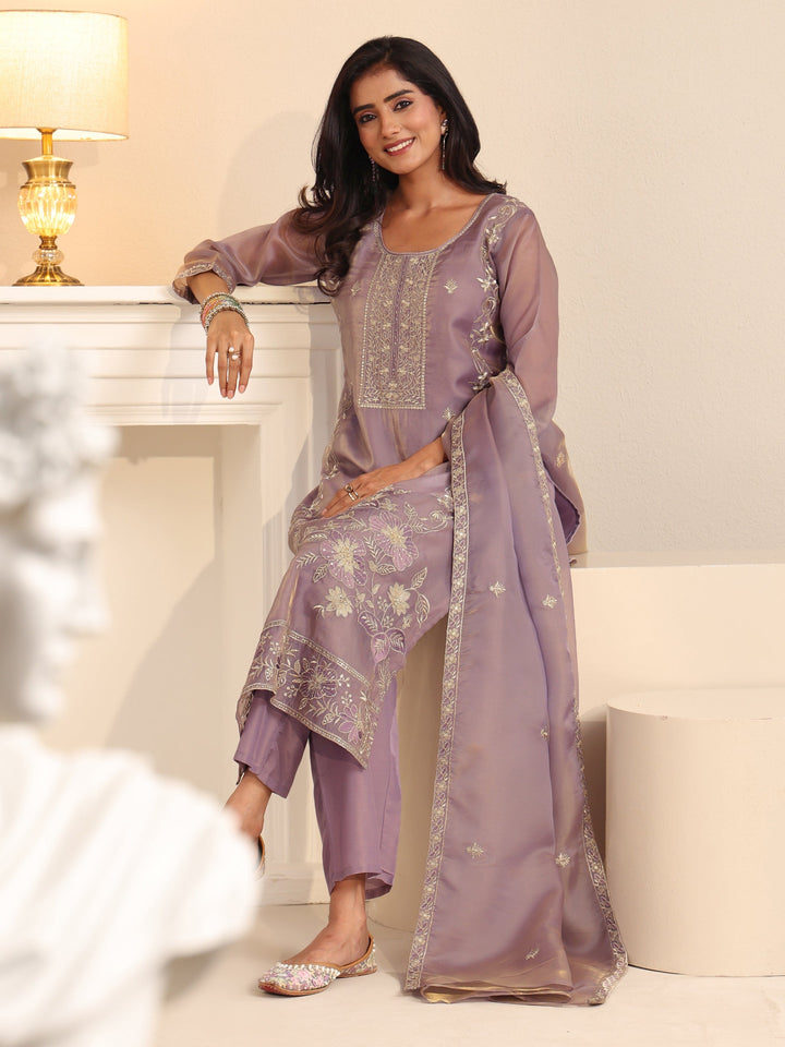 Libas Lavender Floral Embellished Tissue Straight Suit Set