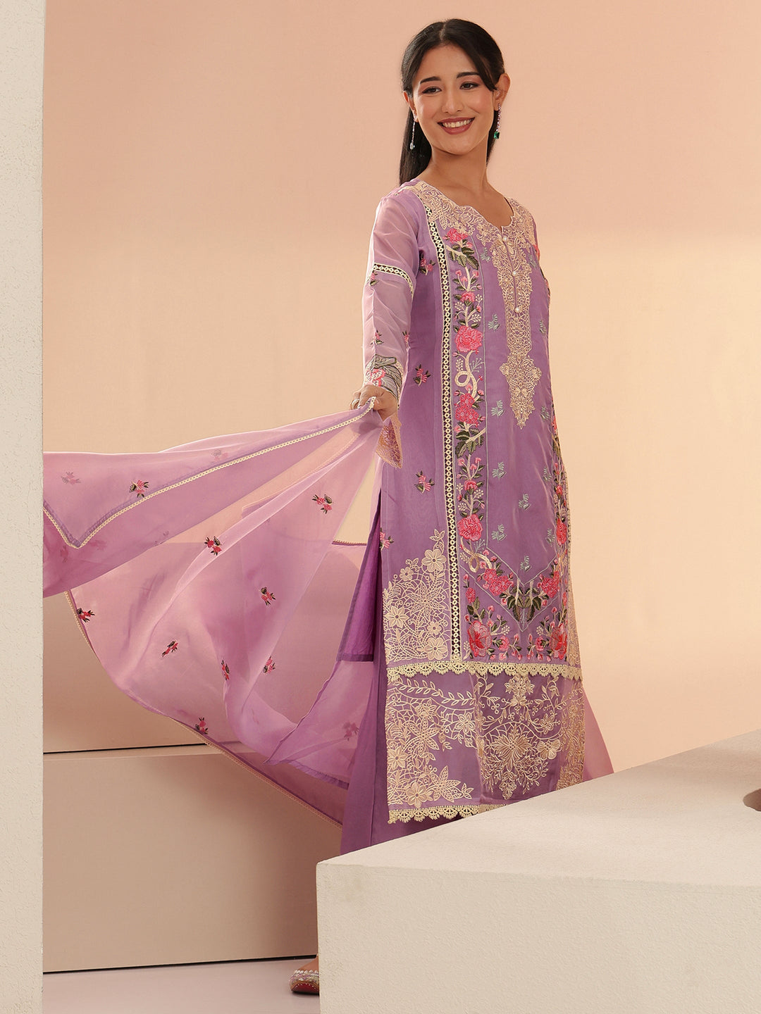 Libas Lavender Floral Embridered Organza Straight Suit Set