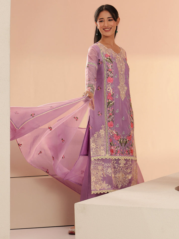 Libas Lavender Floral Embridered Organza Straight Suit Set