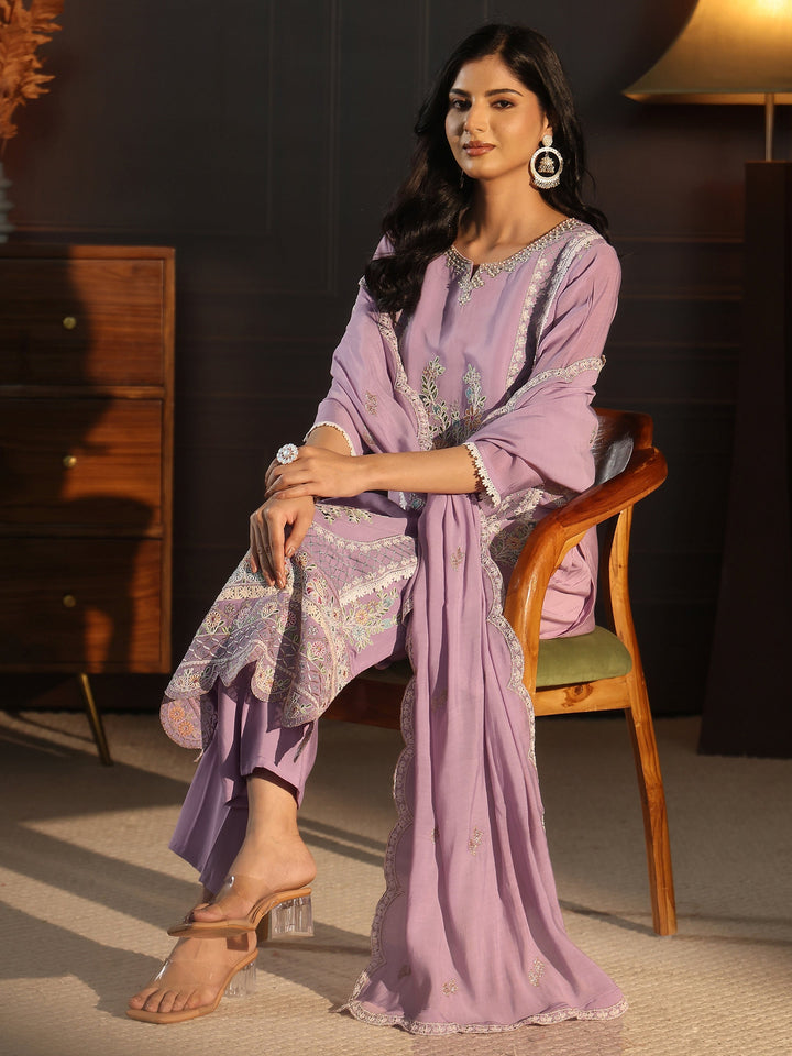 Libas Lavender Floral Embroidered Chanderi Cotton Straight Suit Set