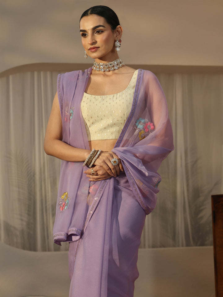 Libas Lavender Floral Embroidered Chiffon Saree