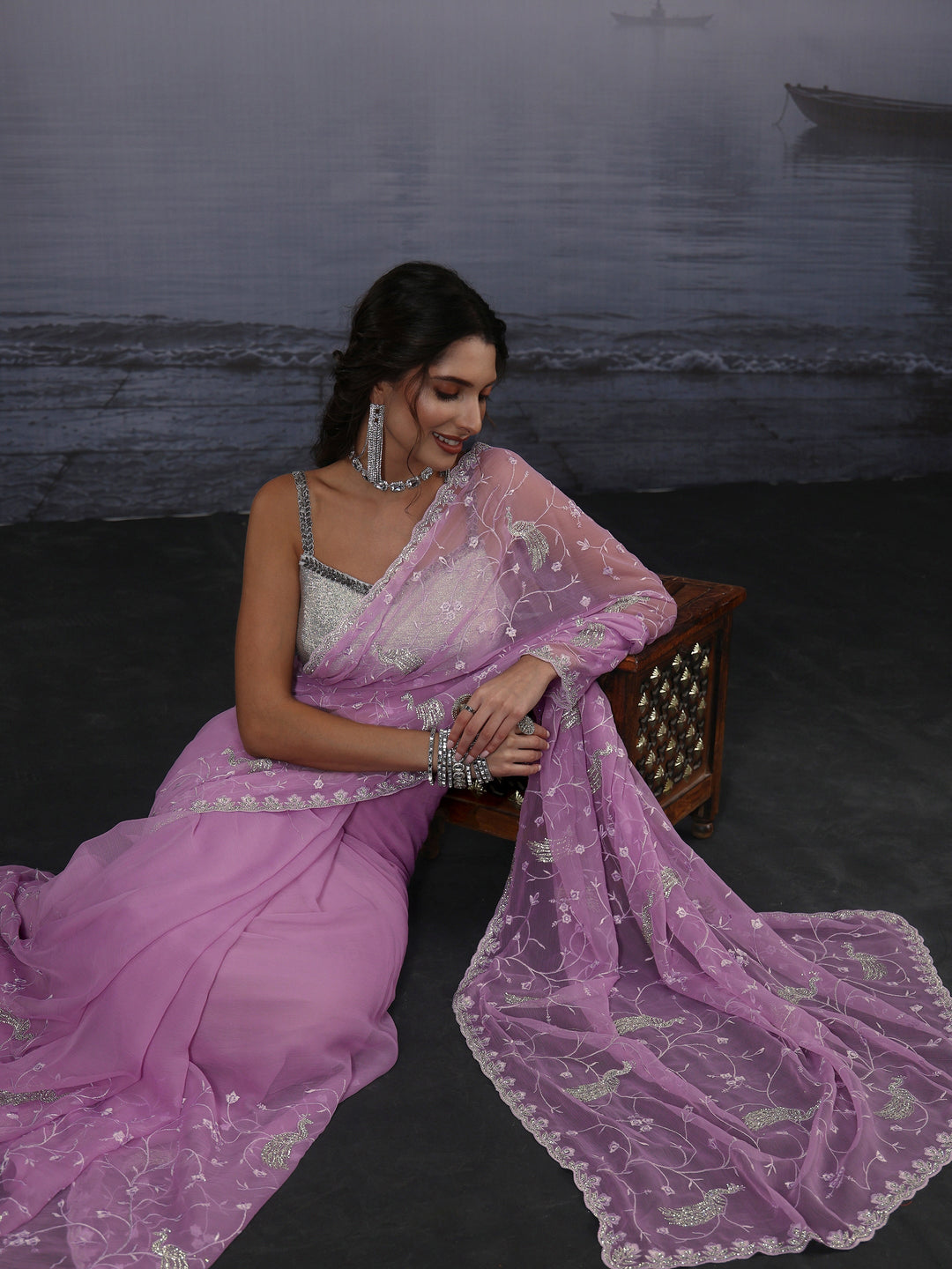 Libas Lavender Floral Embroidered Chiffon Saree with Stone Work