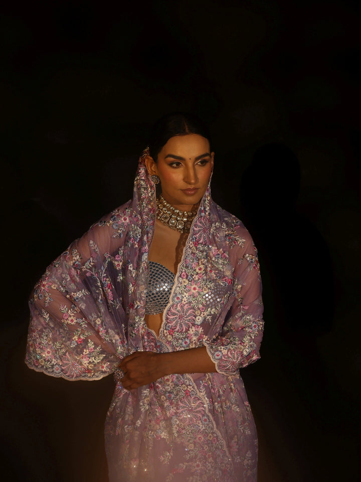 Libas Lavender Floral Embroidered Net Saree