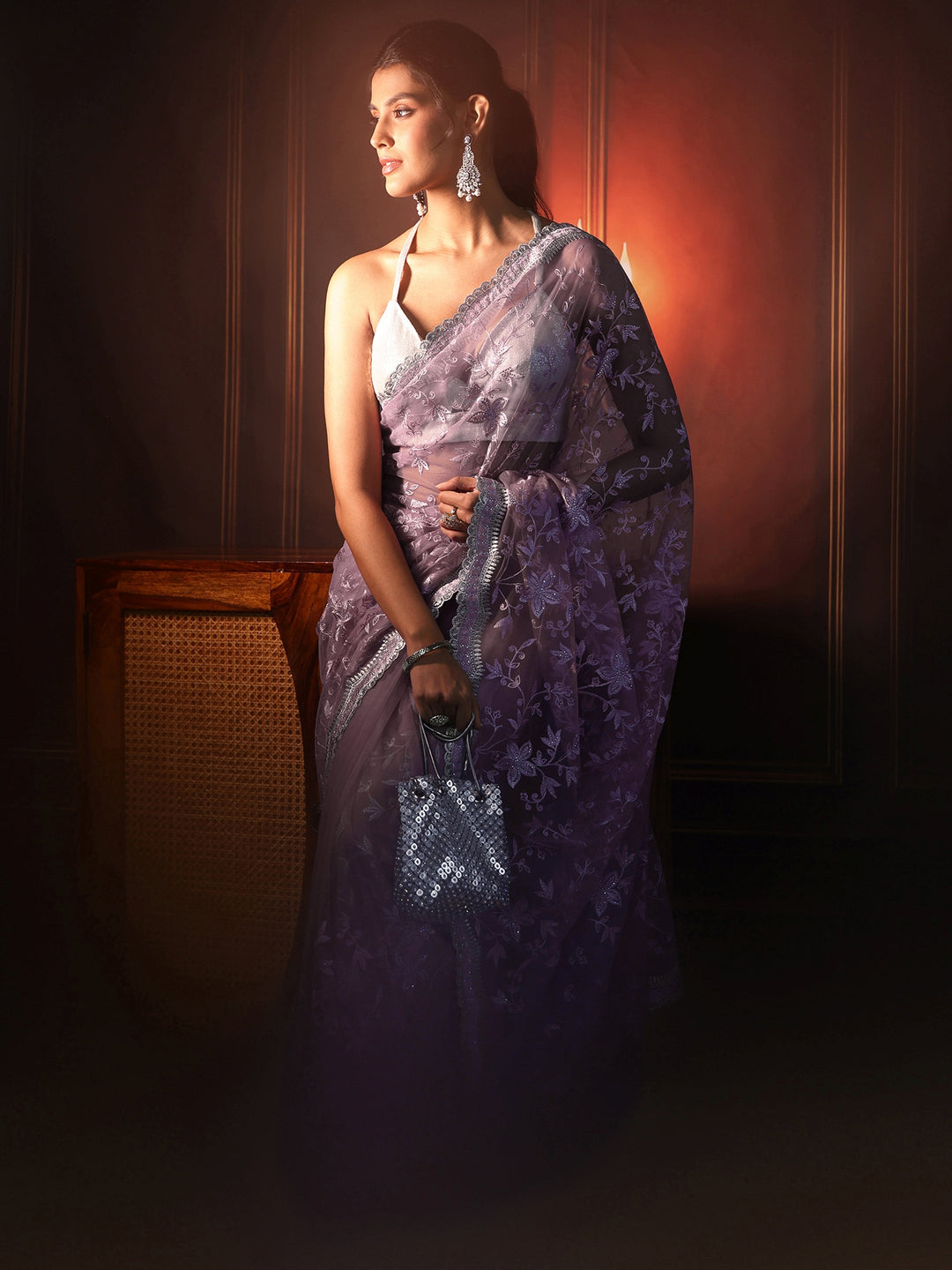 Libas Lavender Floral Embroidered Net Saree