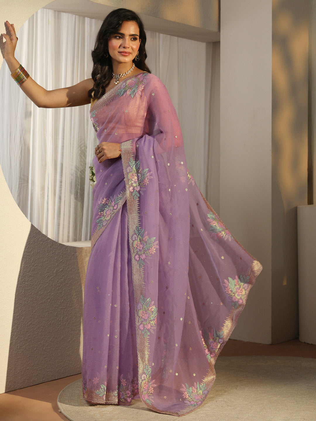 Libas Lavender Floral Embroidered Organza Saree