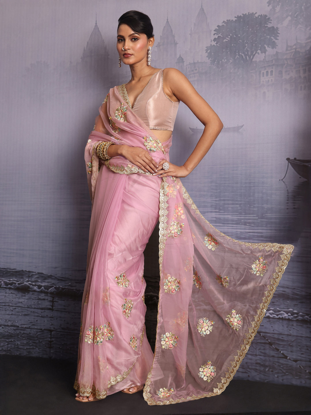 Libas Lavender Floral Embroidered Organza Saree with Stone Work