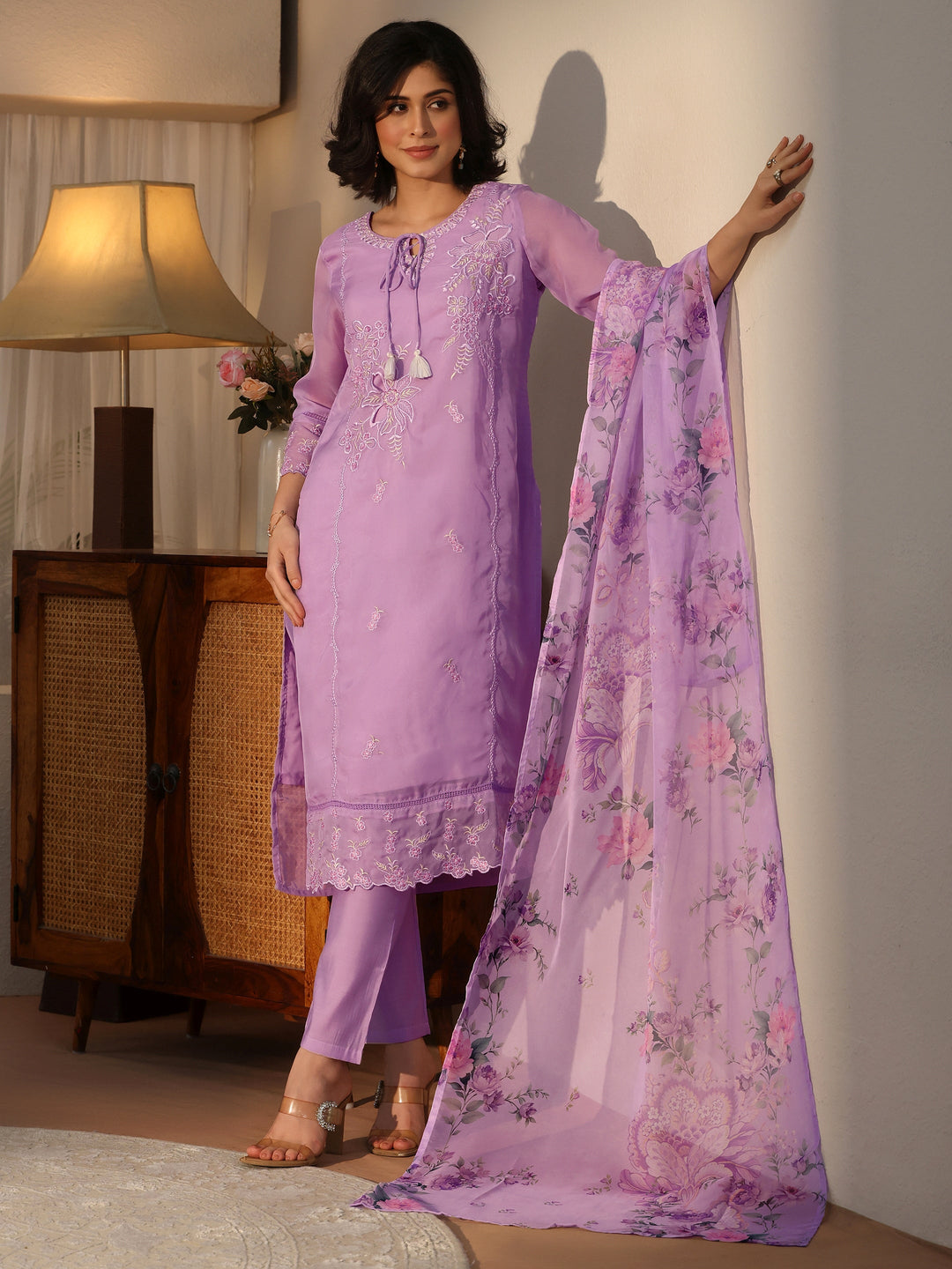 Libas Lavender Floral Embroidered Organza Straight Suit Set