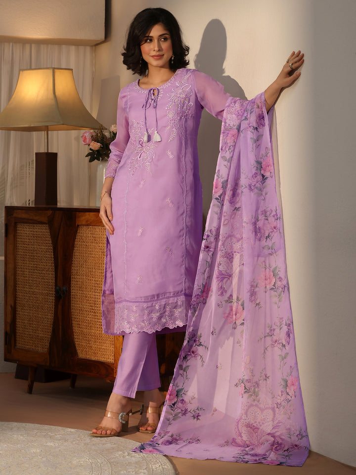 Libas Lavender Floral Embroidered Organza Straight Suit Set