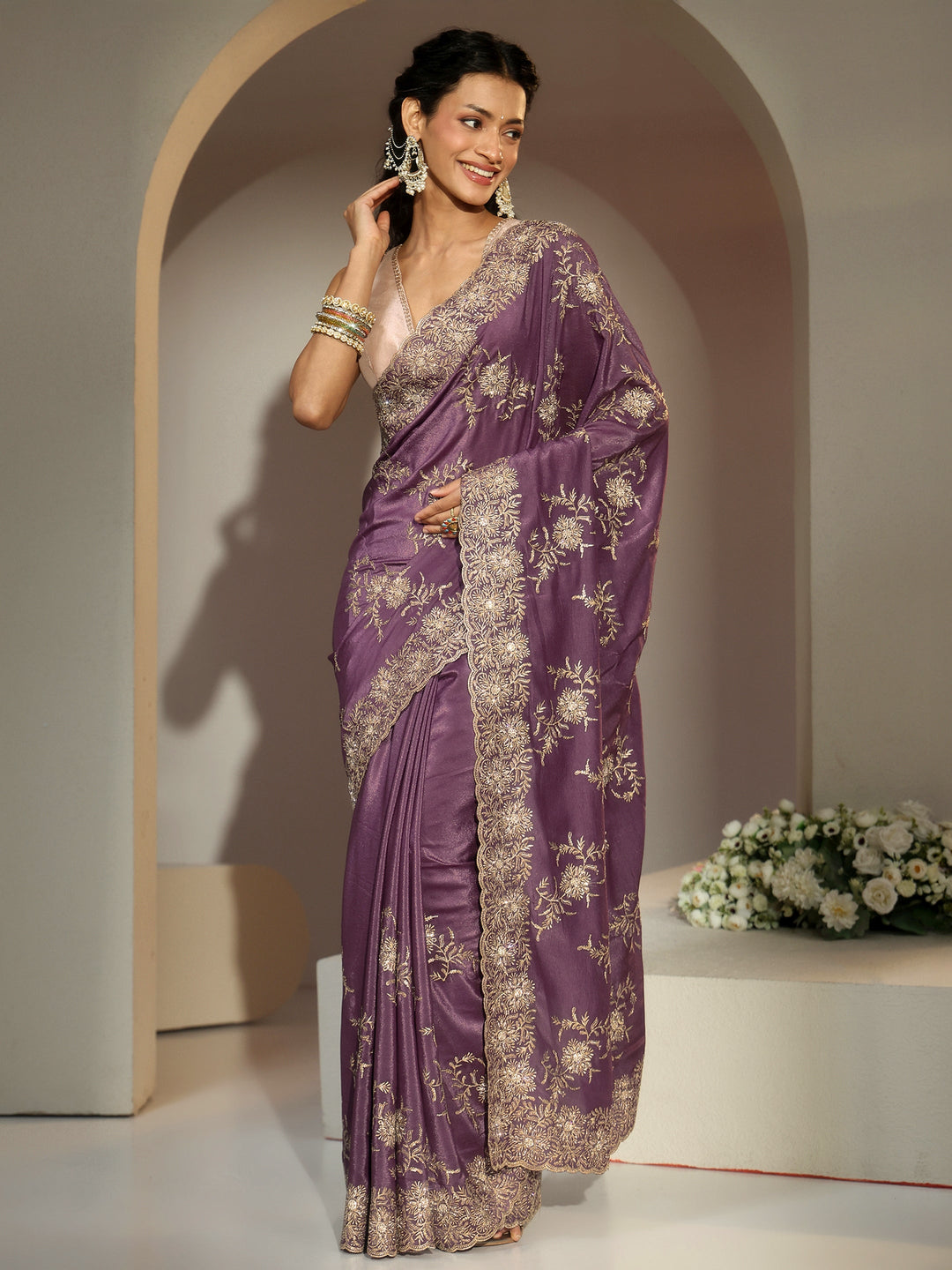 Libas Lavender Floral Embroidered Satin Saree