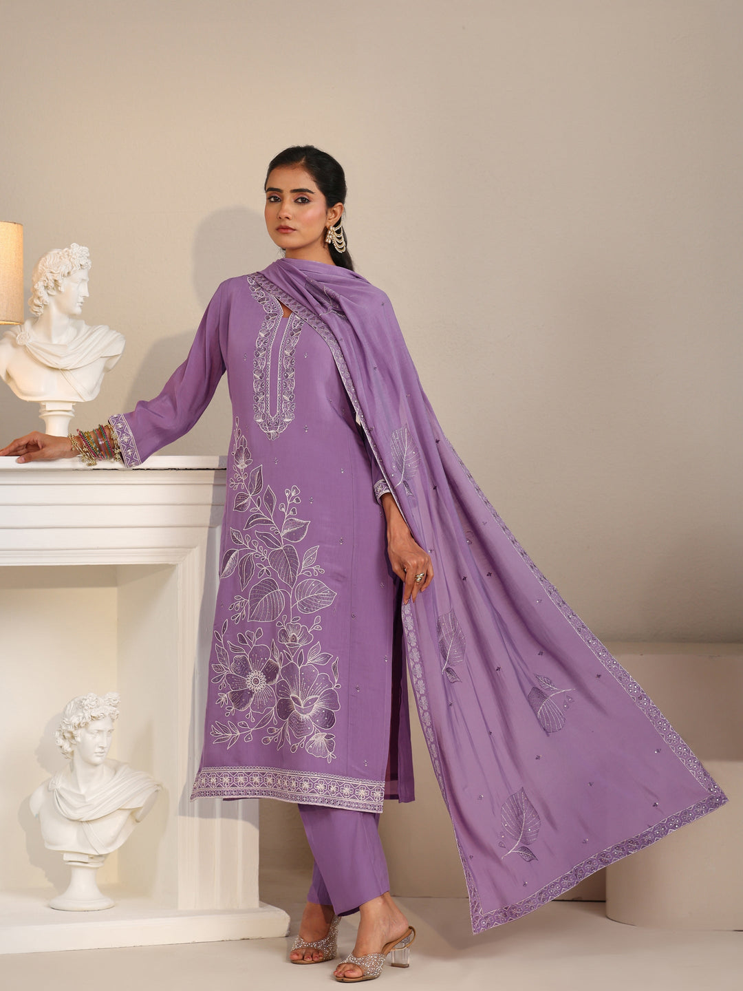 Libas Lavender Floral Embroidered Silk Bkend Straight Suit Set