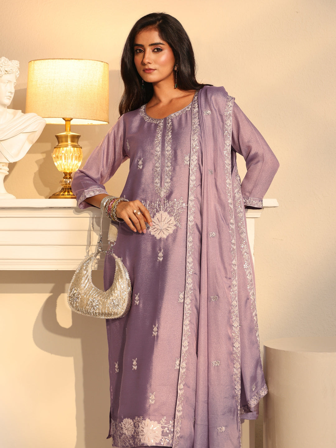 Libas Lavender Floral Embroidered Silk Blend Straight Suit Set