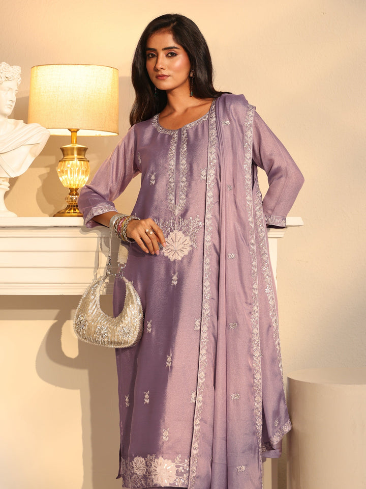 Libas Lavender Floral Embroidered Silk Blend Straight Suit Set