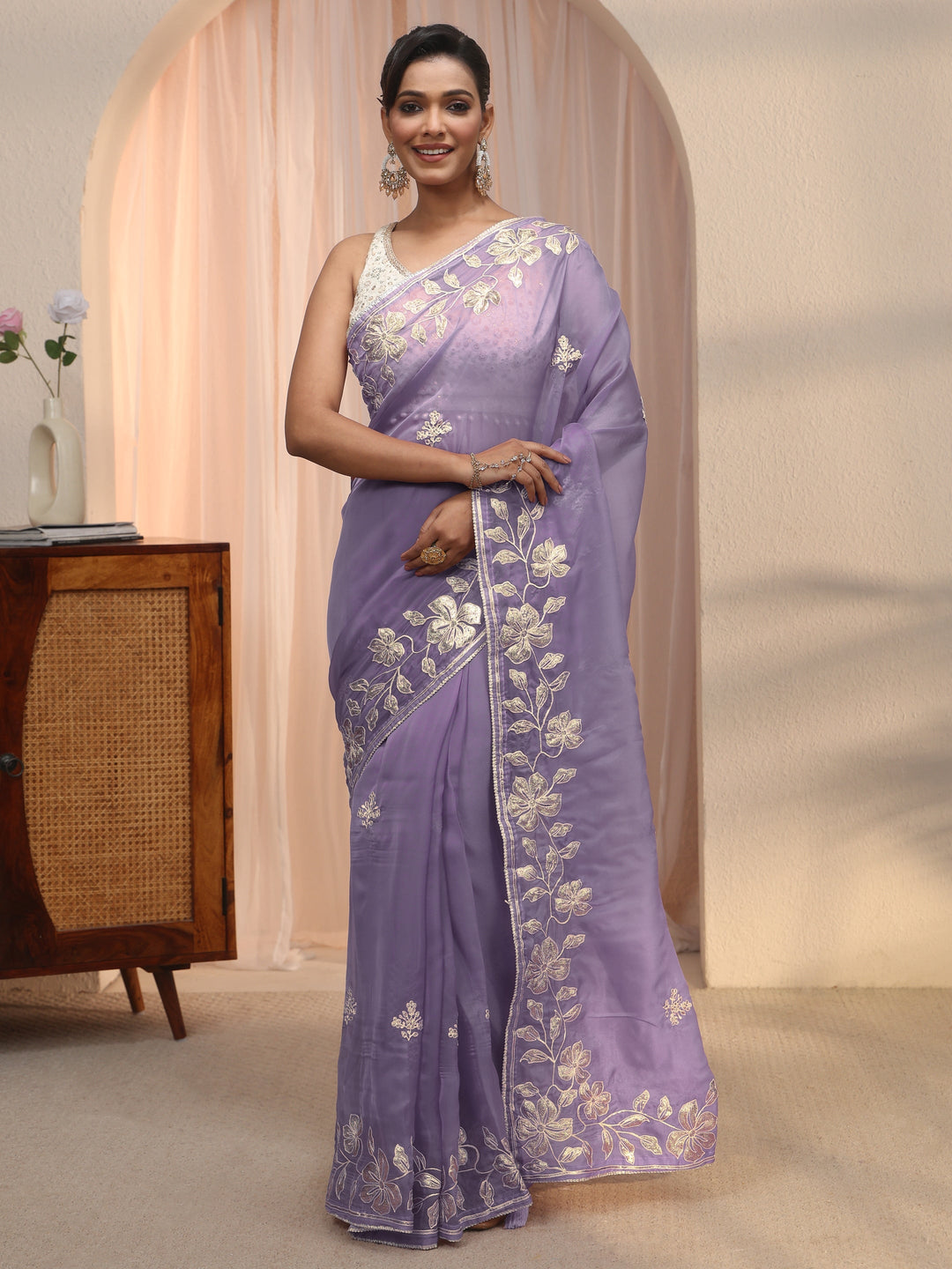 Libas Lavender Floral Embroidered Tissue Saree