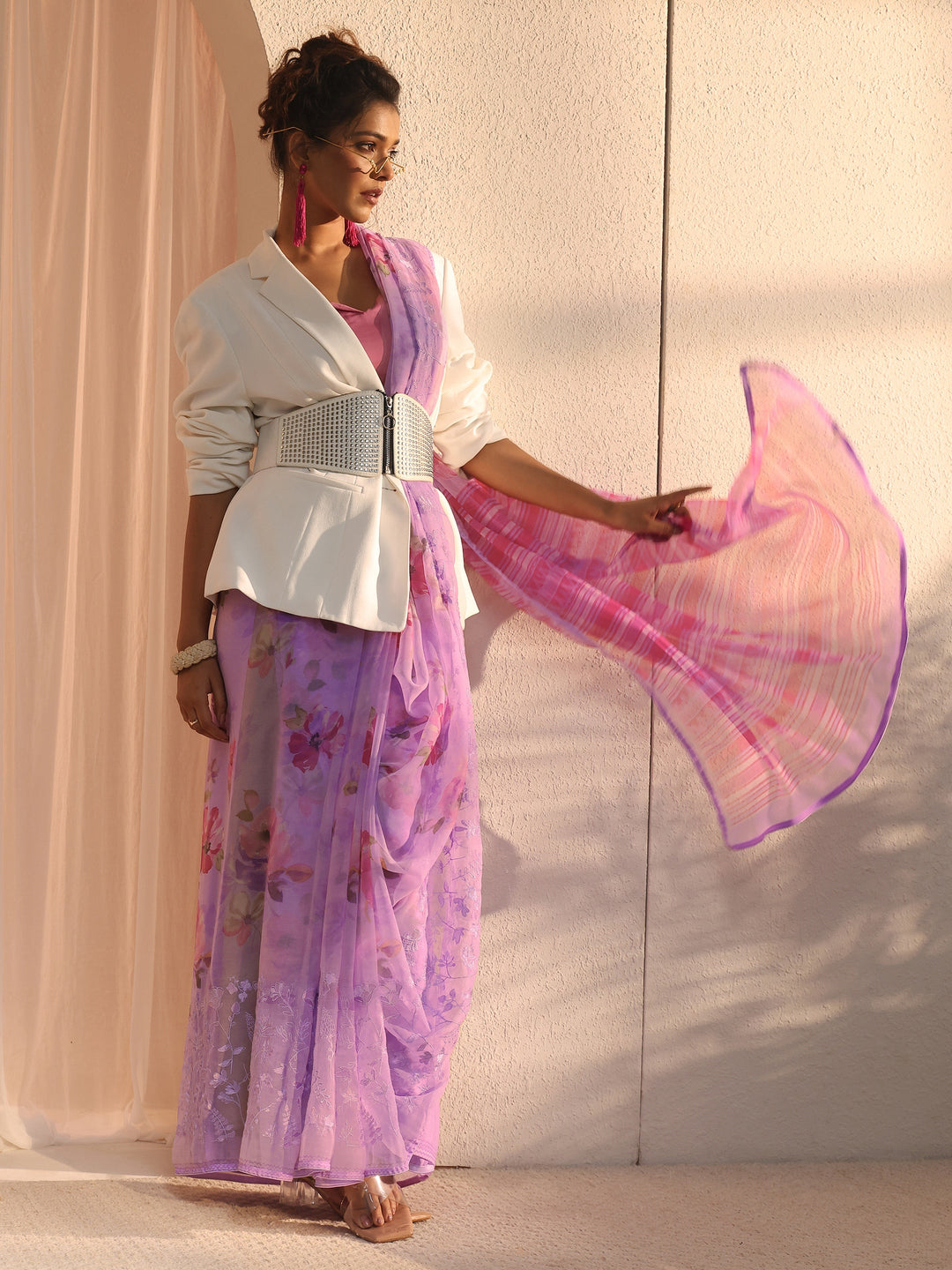 Libas Lavender Floral Printed Chiffon Saree