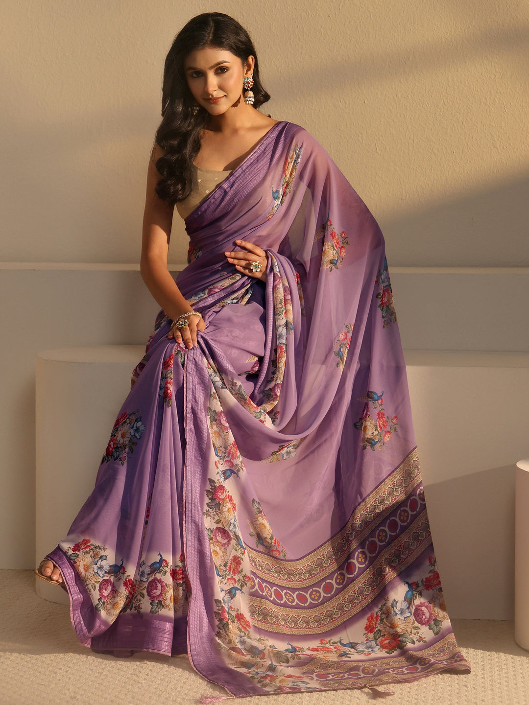 Libas Lavender Floral Printed Georgette Saree