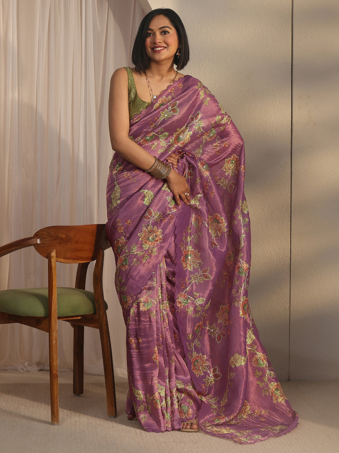 Libas Lavender Floral Printed Mirror Work Silk Blend Saree with Scalloped Border