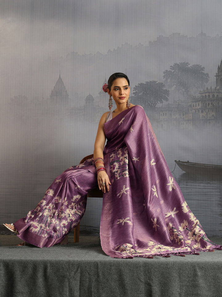 Libas Lavender Floral Printed Silk Blend Saree