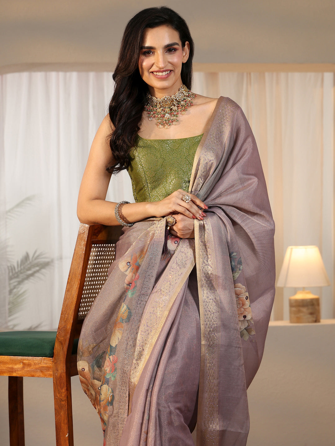 Libas Lavender Floral Printed Silk Blend Saree with Woven Border