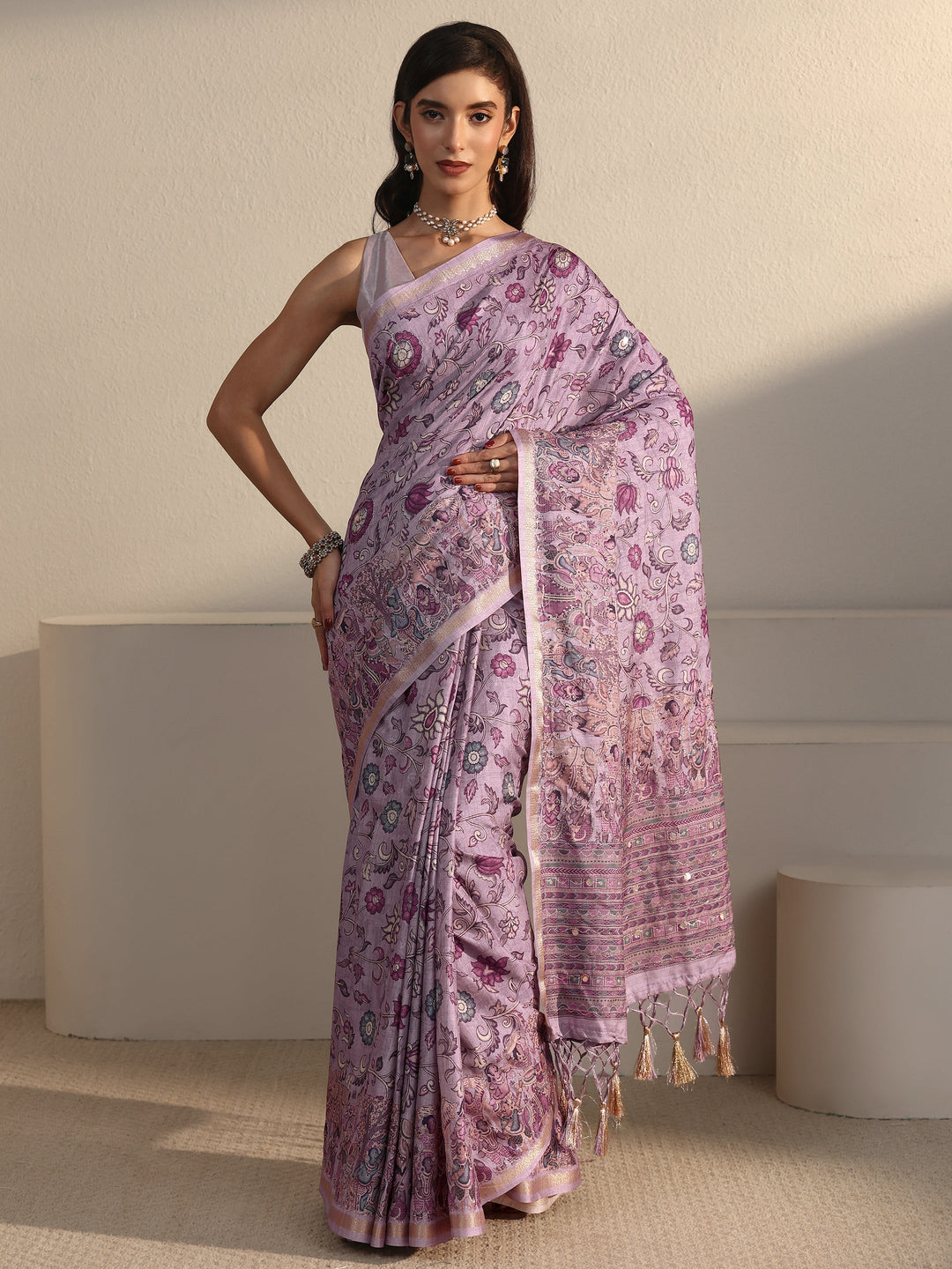 Libas Lavender Floral Printed Silk Blend Tassel Saree