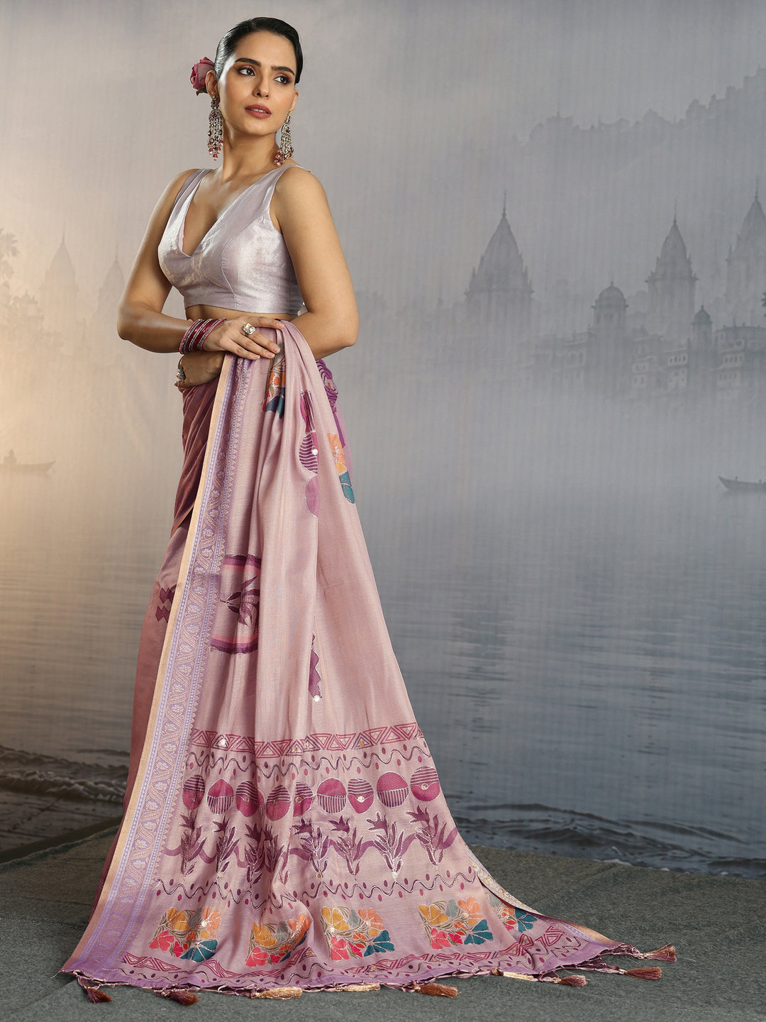 Libas Lavender Floral Printed Silk Blend Tassel Saree