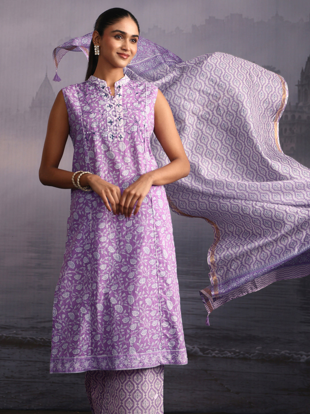 Libas Lavender Floral Printed Sleeveless Cotton Palazzo Suit Set