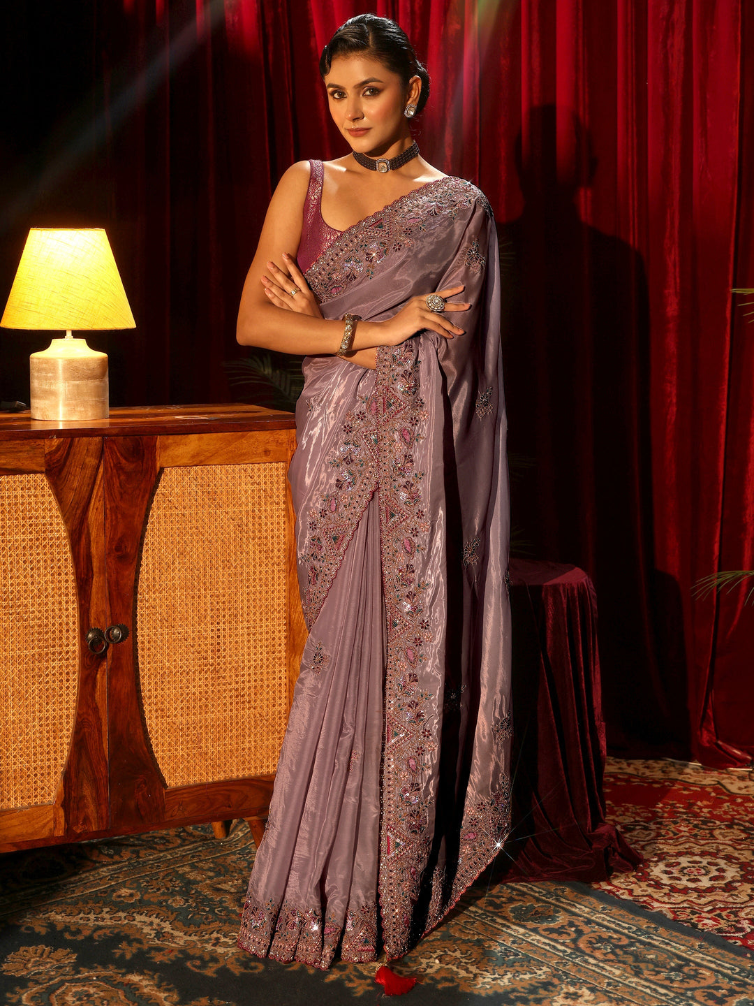 Libas Lavender Floral Satin Saree with Embroidered Border