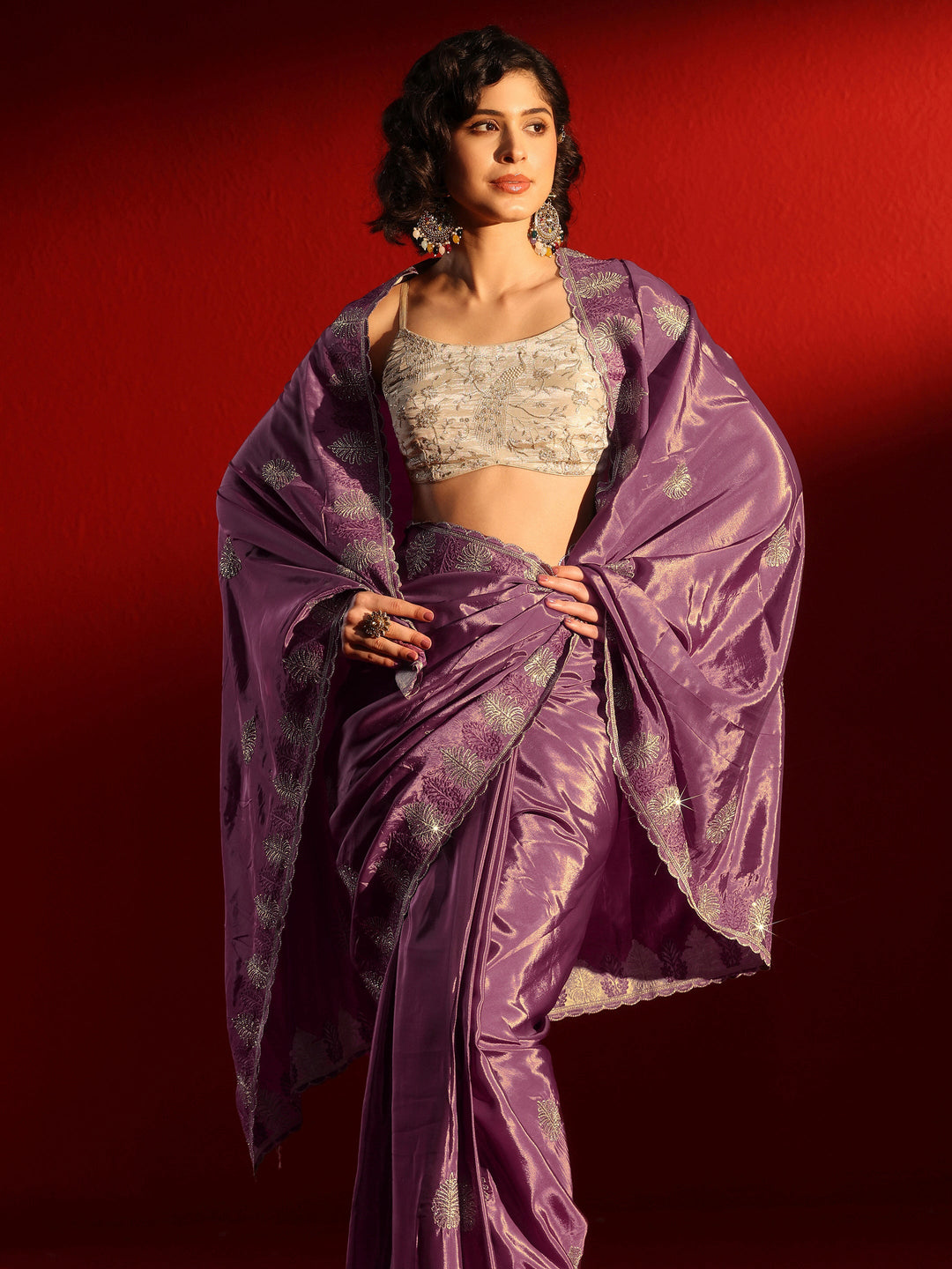 Libas Lavender Floral Stone Work Embellished Satin Saree