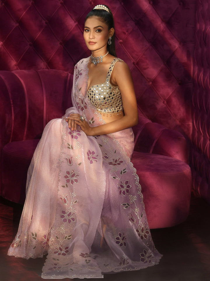 Libas Lavender Floral Stone Work Embellished Tissue Saree