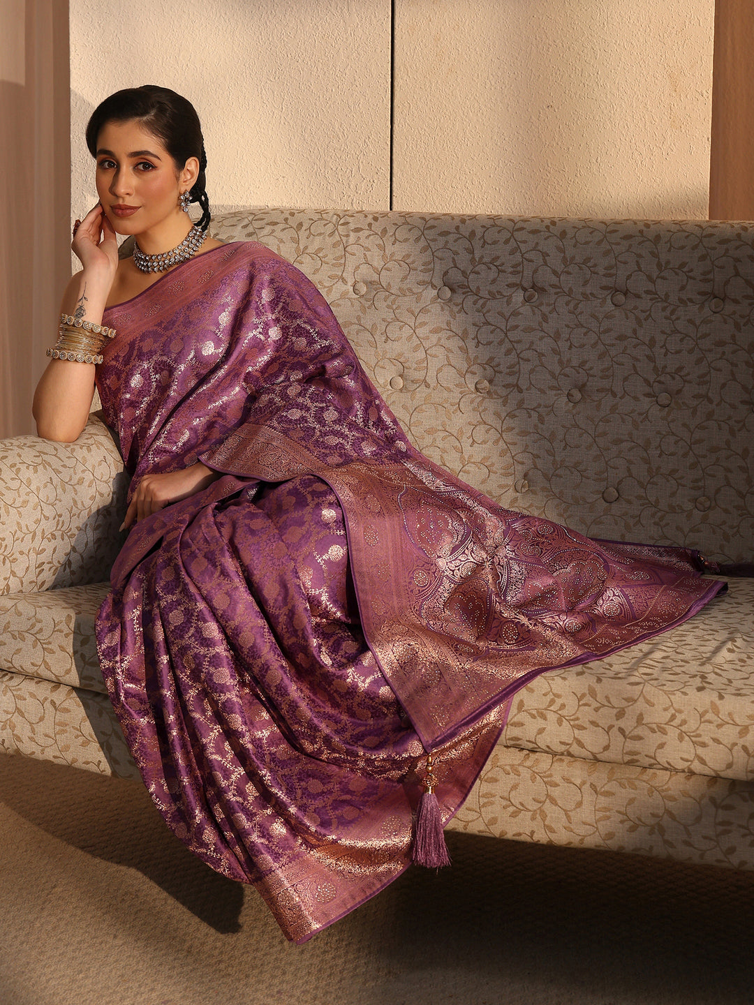 Libas Lavender Floral Woven Design Silk Blend Saree