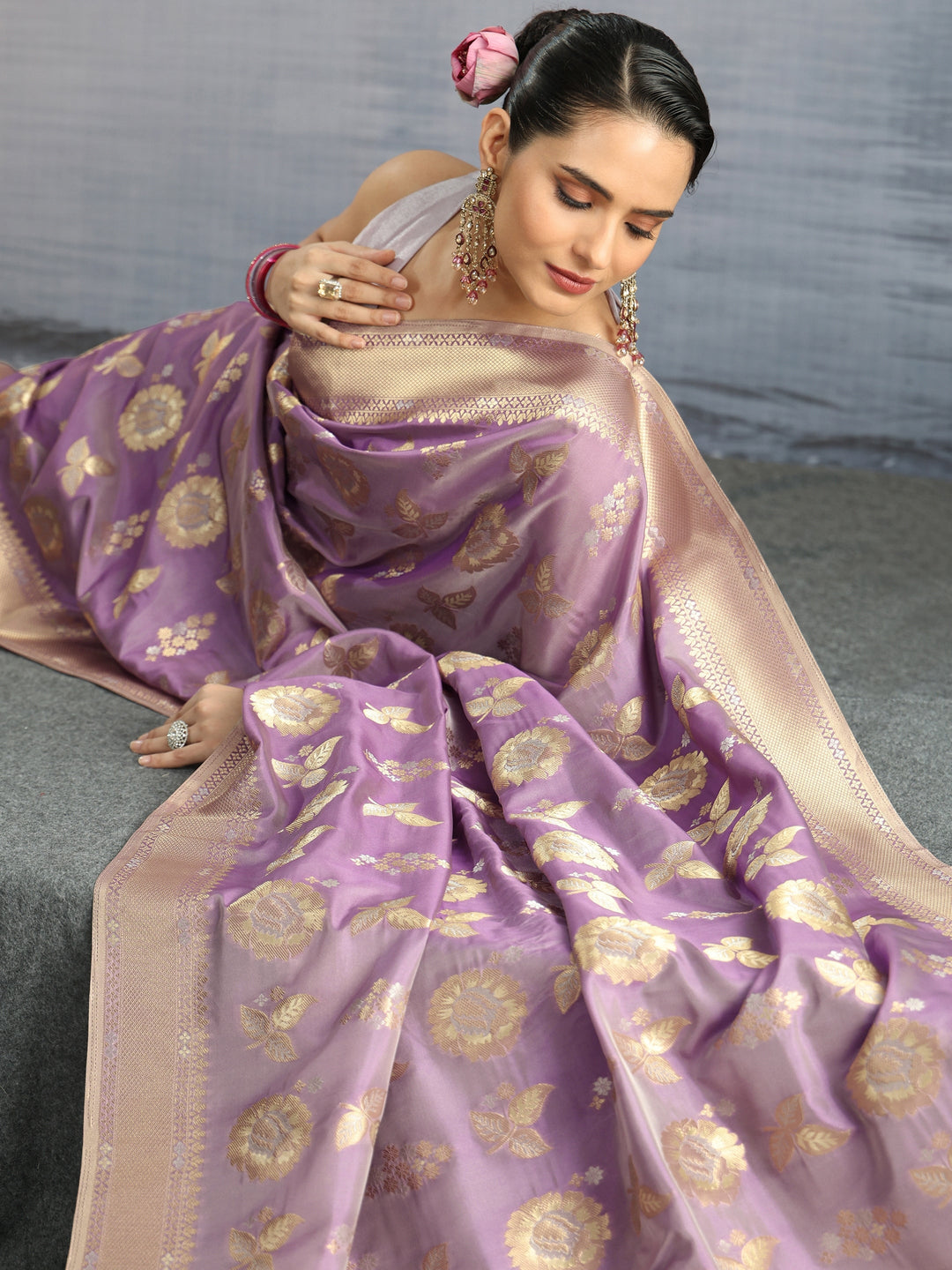 Libas Lavender Floral Woven Design Silk Blend Saree