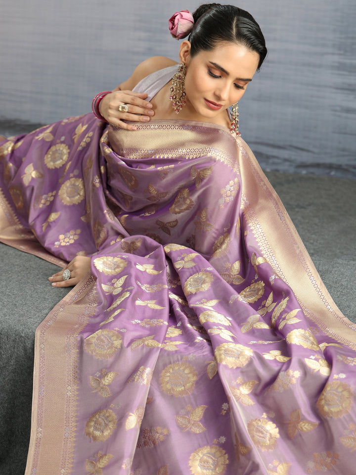 Libas Lavender Floral Woven Design Silk Blend Saree