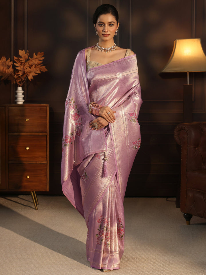 Libas Lavender Floral Woven Design Silk Saree with Stone Work