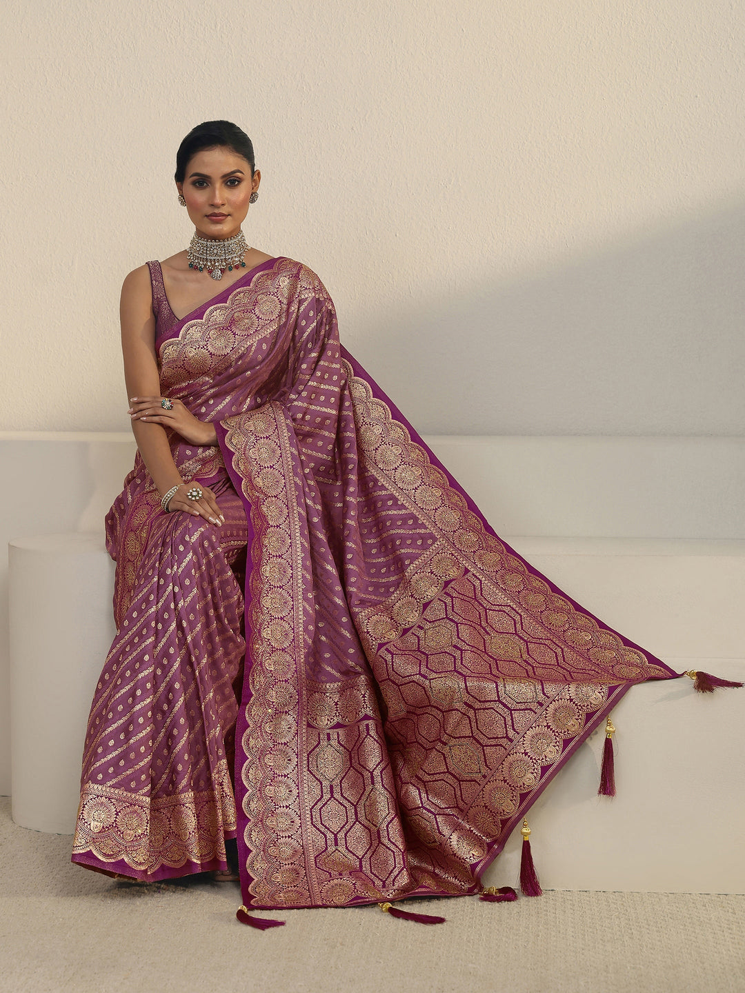 Libas Lavender Geometric Pallu Design Silk Blend Saree