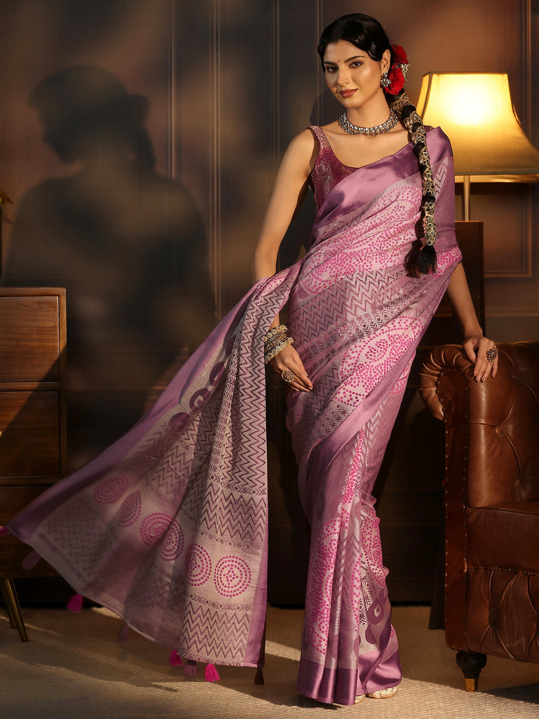 Libas Lavender Geometric Print Silk Saree