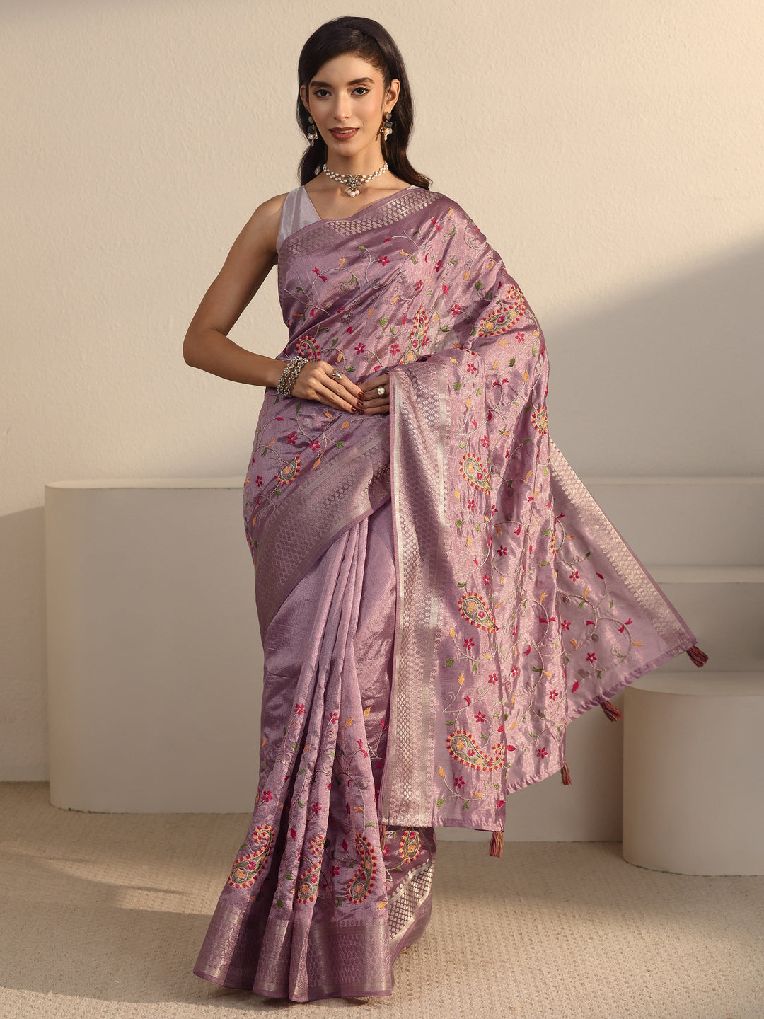 Libas Lavender Paisley Embroidered Silk Blend Tassel Saree