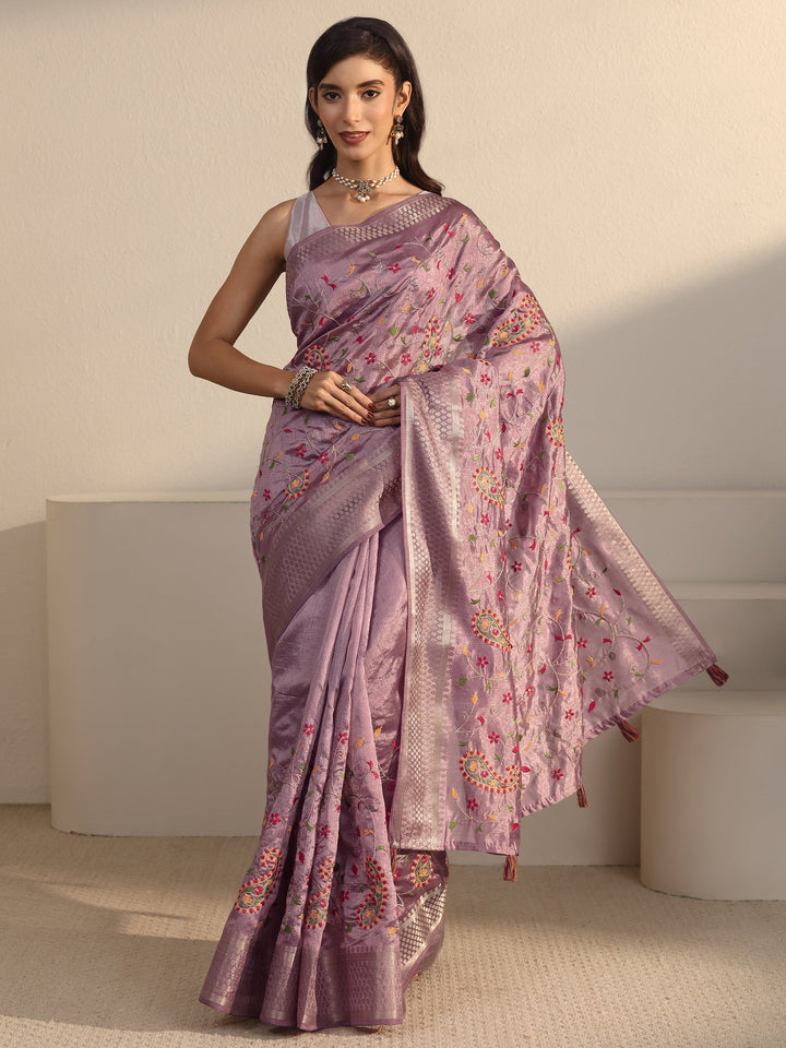 Libas Lavender Paisley Embroidered Silk Blend Tassel Saree
