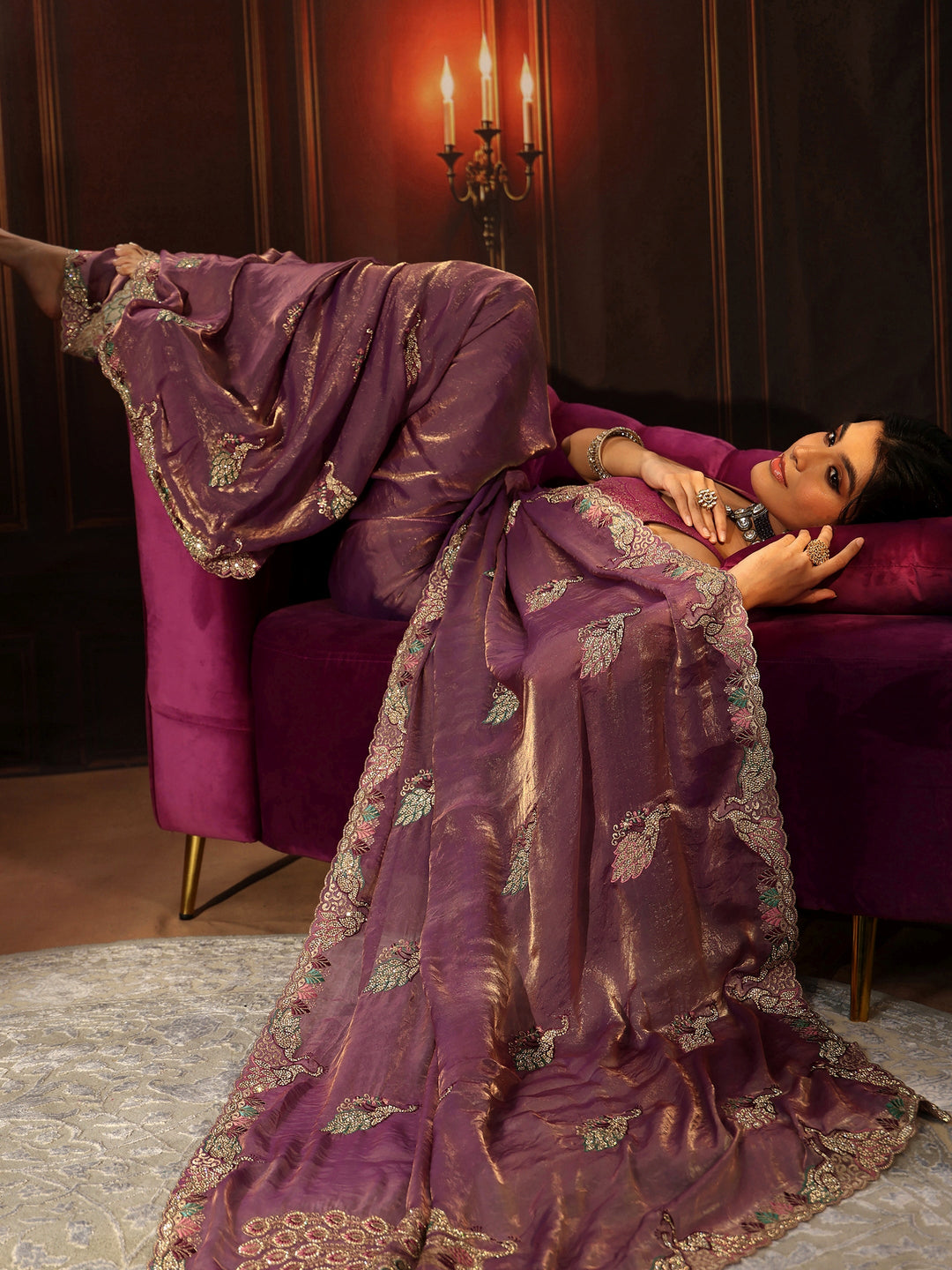 Libas Lavender Peacock Embellished Tissue Saree
