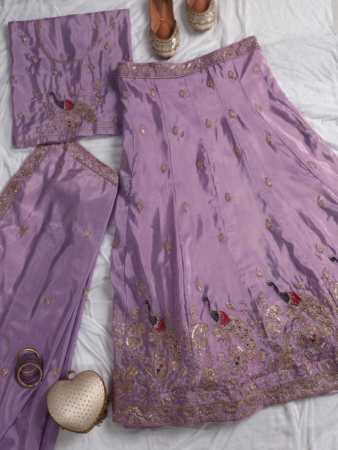 Libas Lavender Peacock Embroidered Tissue Semi-Stitched Lehenga Choli