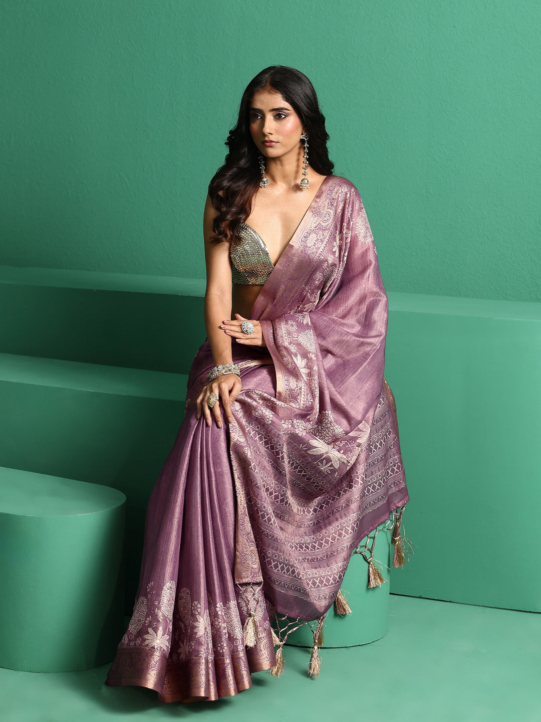 Libas Lavender Pichwai Tree Print Silk Blend Saree