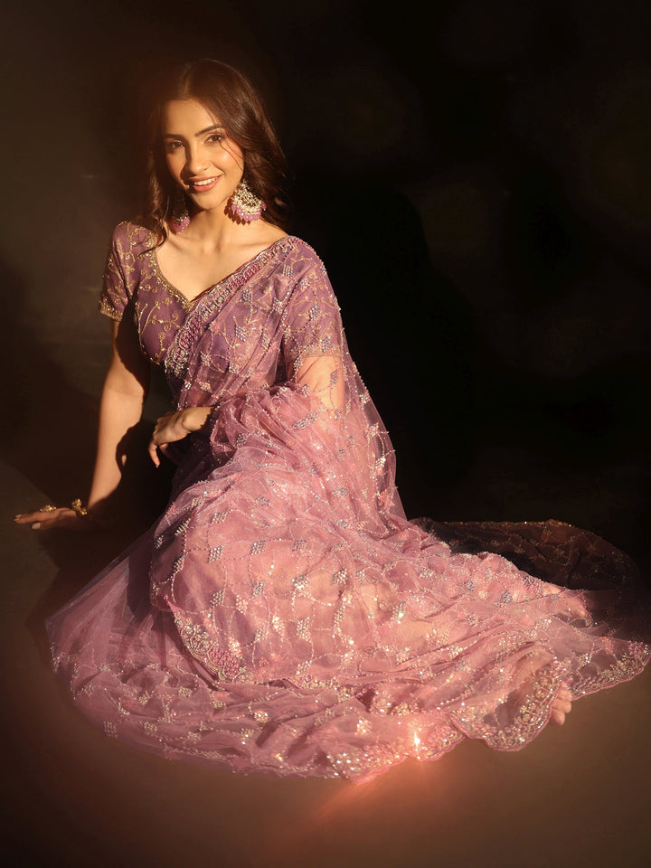 Libas Lavender Stone Embellished Net Saree