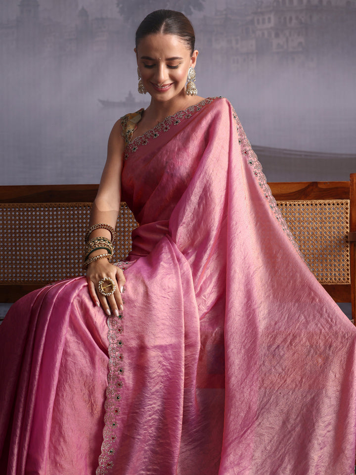 Libas Lavender Tissue Saree with Embellished Scalloped Border