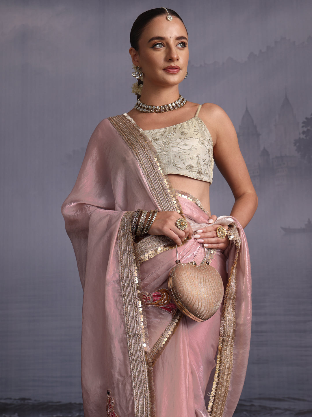 Libas Lavender Tissue Saree with Gota Border